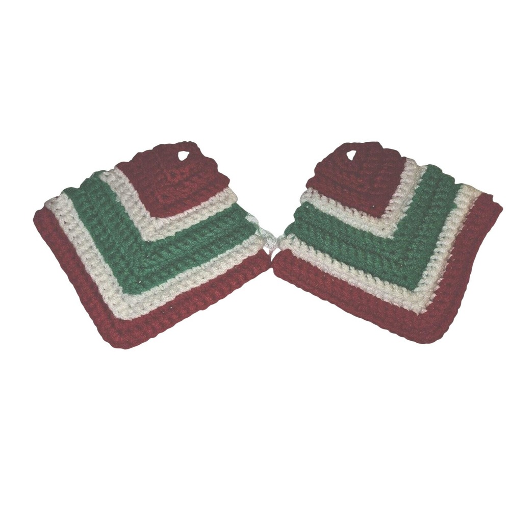 Vintage Handmade Crochet‎ Christmas Potholders Set of 2 Red Green White Striped
